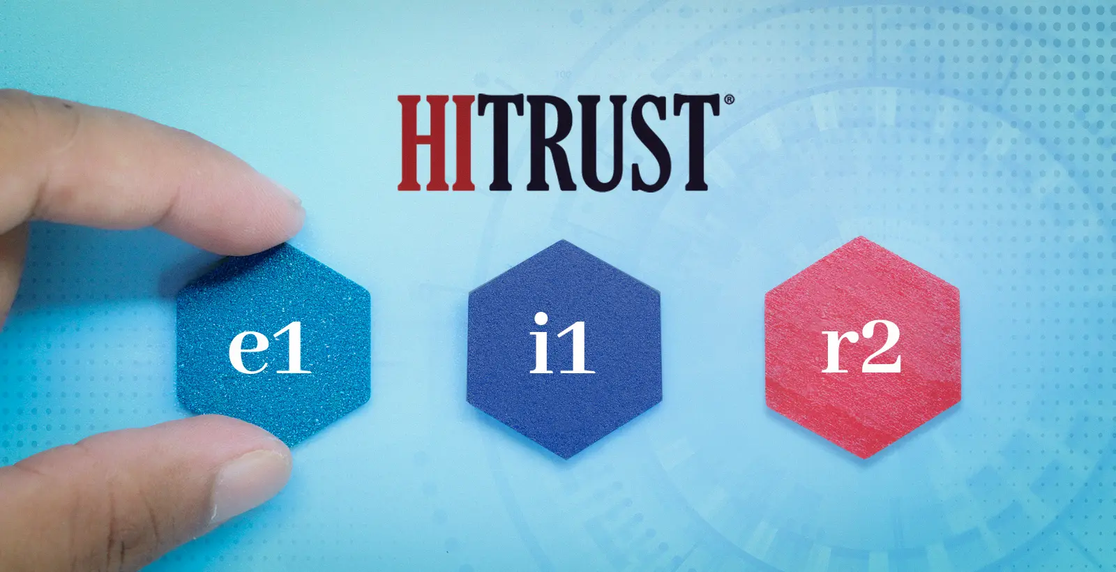Hand holding a blue hexagon labeled e1 next to two other hexagons labeled i1 and r2 on a light blue background, representing HITRUST assessment tier comparison and risk scoring options.