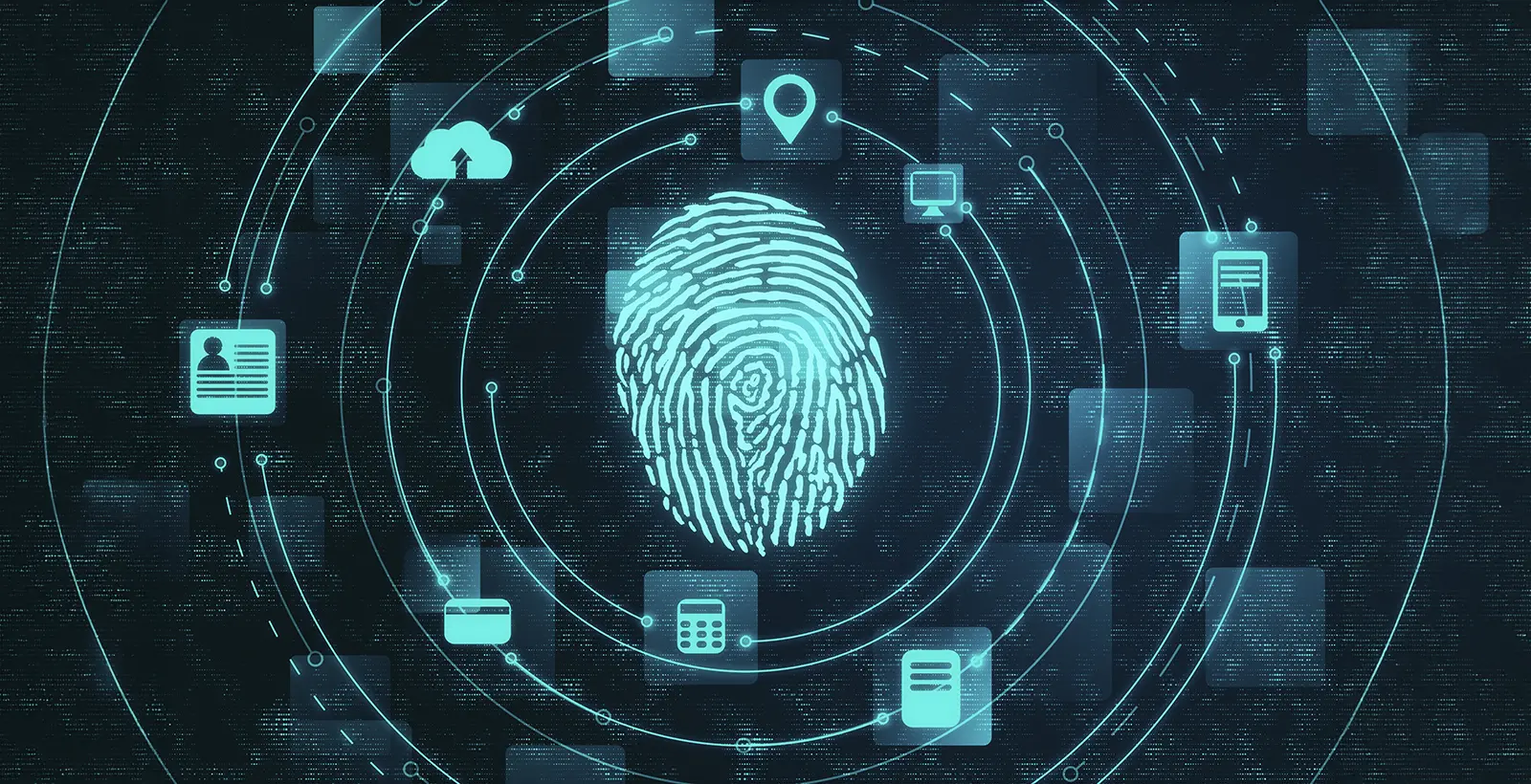Glowing cyan digital fingerprint surrounded by floating tech icons (cloud, location, mobile, credit card, laptop) against a dark matrix-style code background, representing digital personal data protection and India DPDP compliance for businesses.