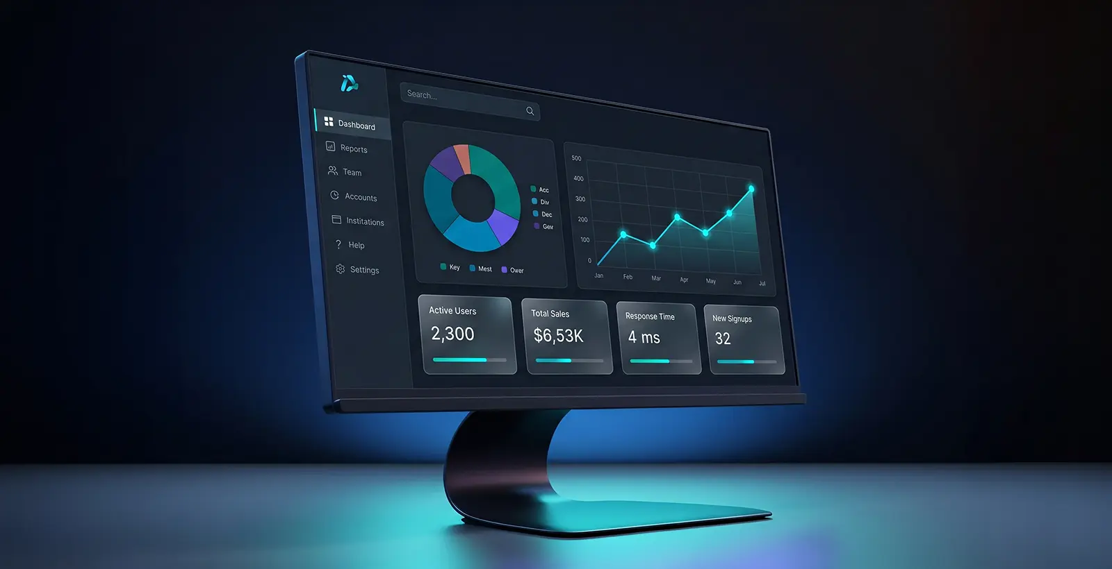 Sleek computer monitor showcasing a modern dark-mode web application dashboard, representing the transformation toward agile, personalized digital experiences powered by AI, microservices, and enterprise-grade cybersecurity.