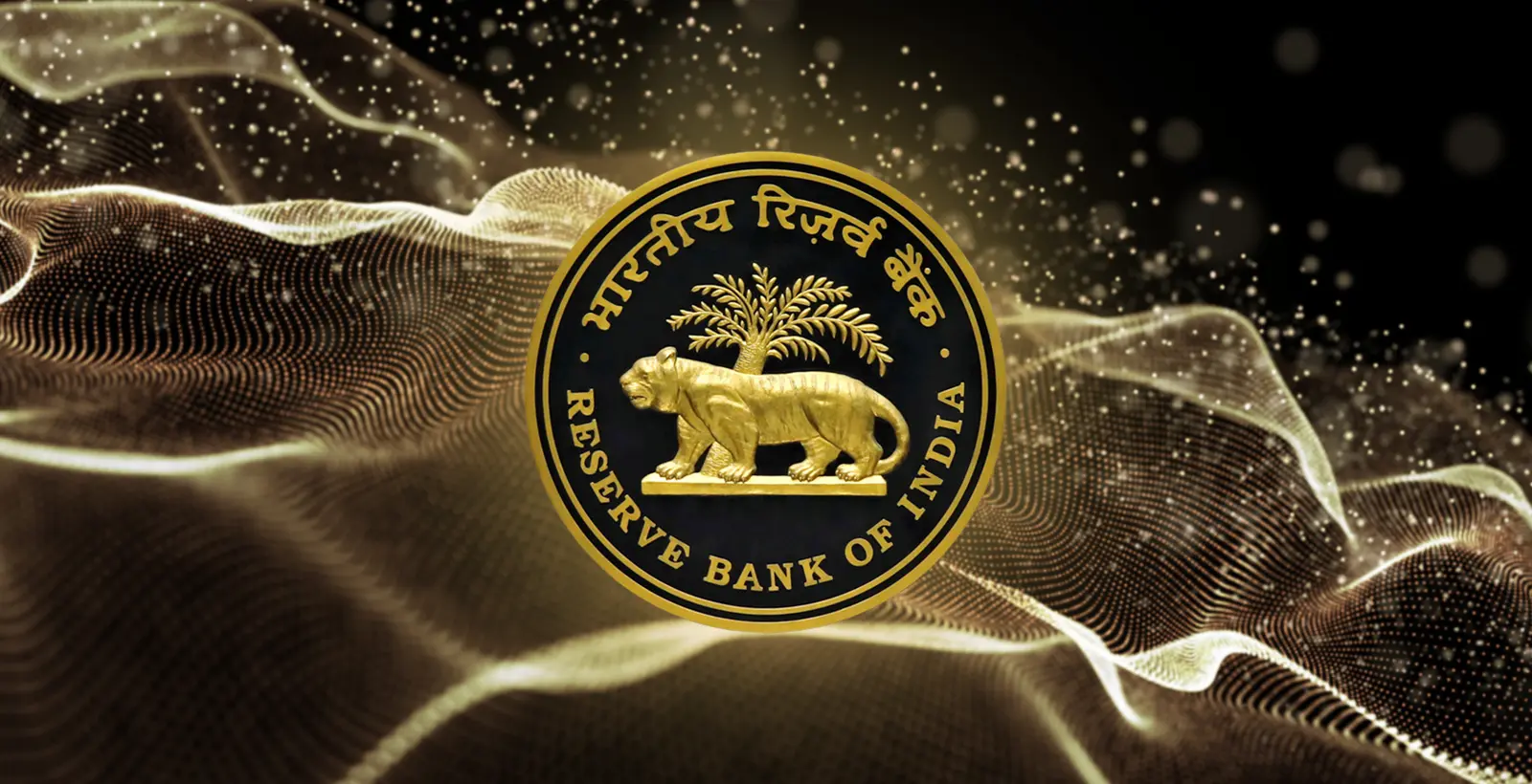 Official Reserve Bank of India (RBI) gold seal logo centered over an abstract dark background with flowing golden digital data waves, representing AI risk governance, banking compliance, and the central bank's technology mandate.