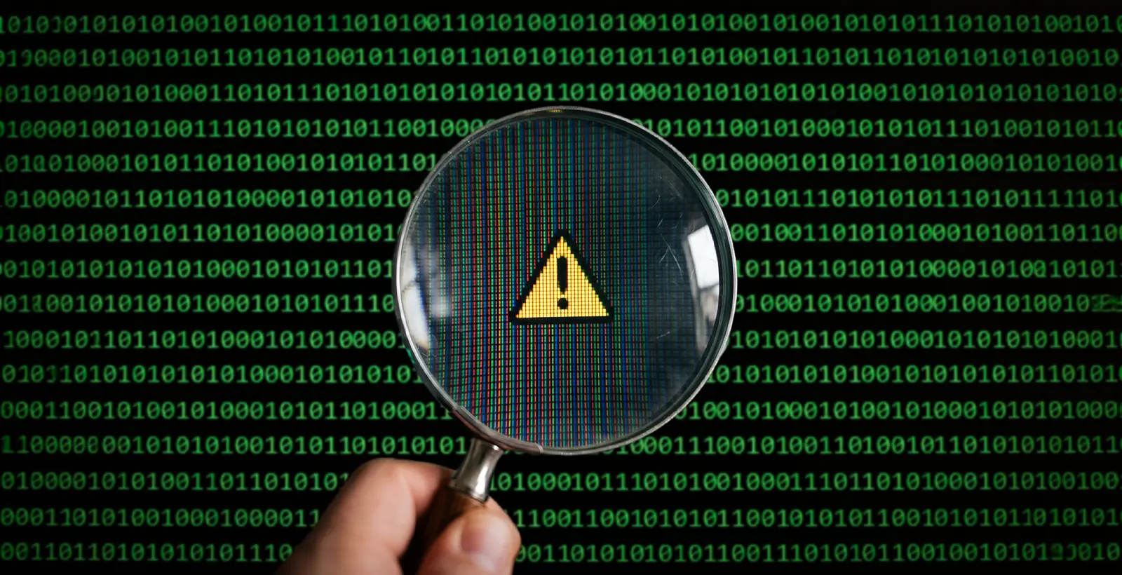 Magnifying glass revealing exposed API key security risk on a mobile app screen with warning icon and binary code background.