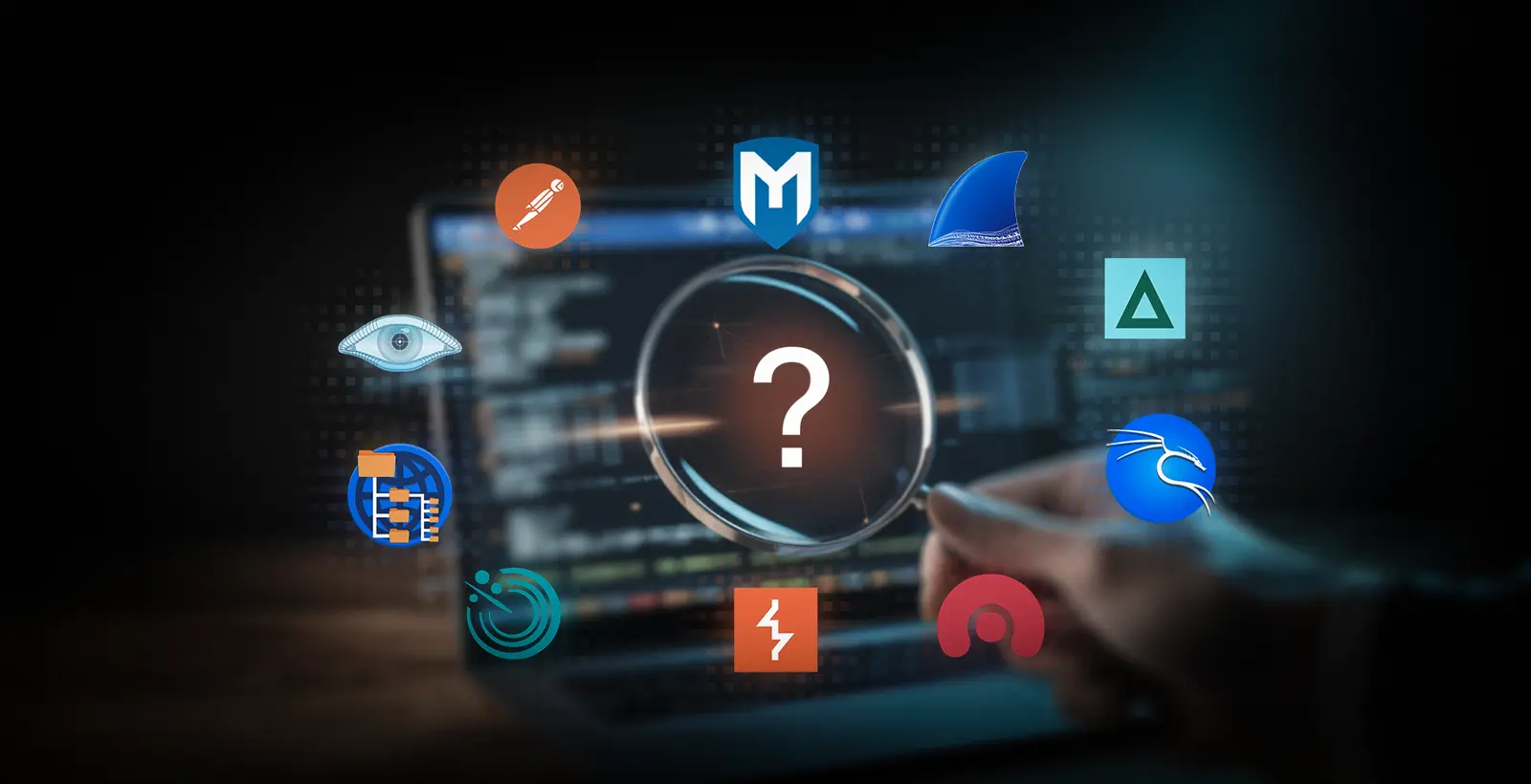 Magnifying glass comparing PCI DSS penetration testing tools on a cybersecurity workstation, highlighting vulnerability validation, segmentation testing, remediation verification, and PCI DSS v4.0.1 compliance