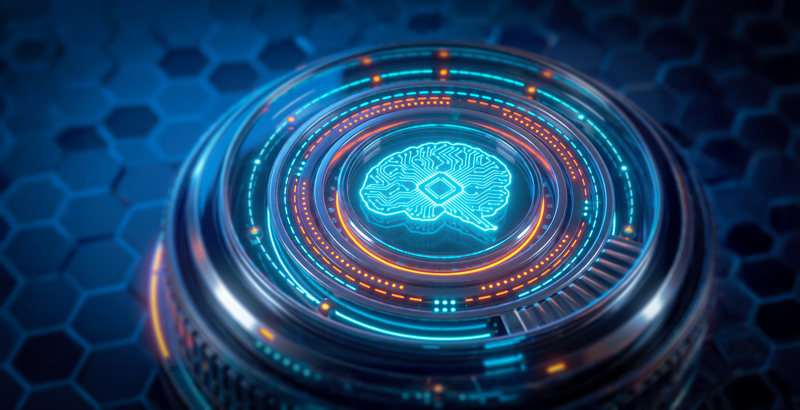 Glowing digital brain and microchip on a high-tech circular interface, symbolizing the integration of artificial intelligence into modern API security testing