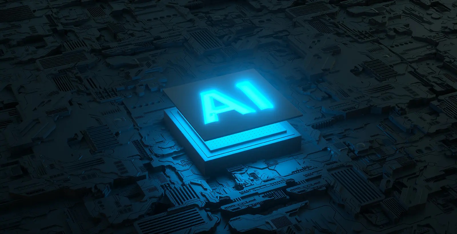 A glowing blue 'AI' microchip centered on a dark, intricate circuit board, symbolizing the core hardware technology used for auditing Agentic AI systems within critical infrastructure in 2026.