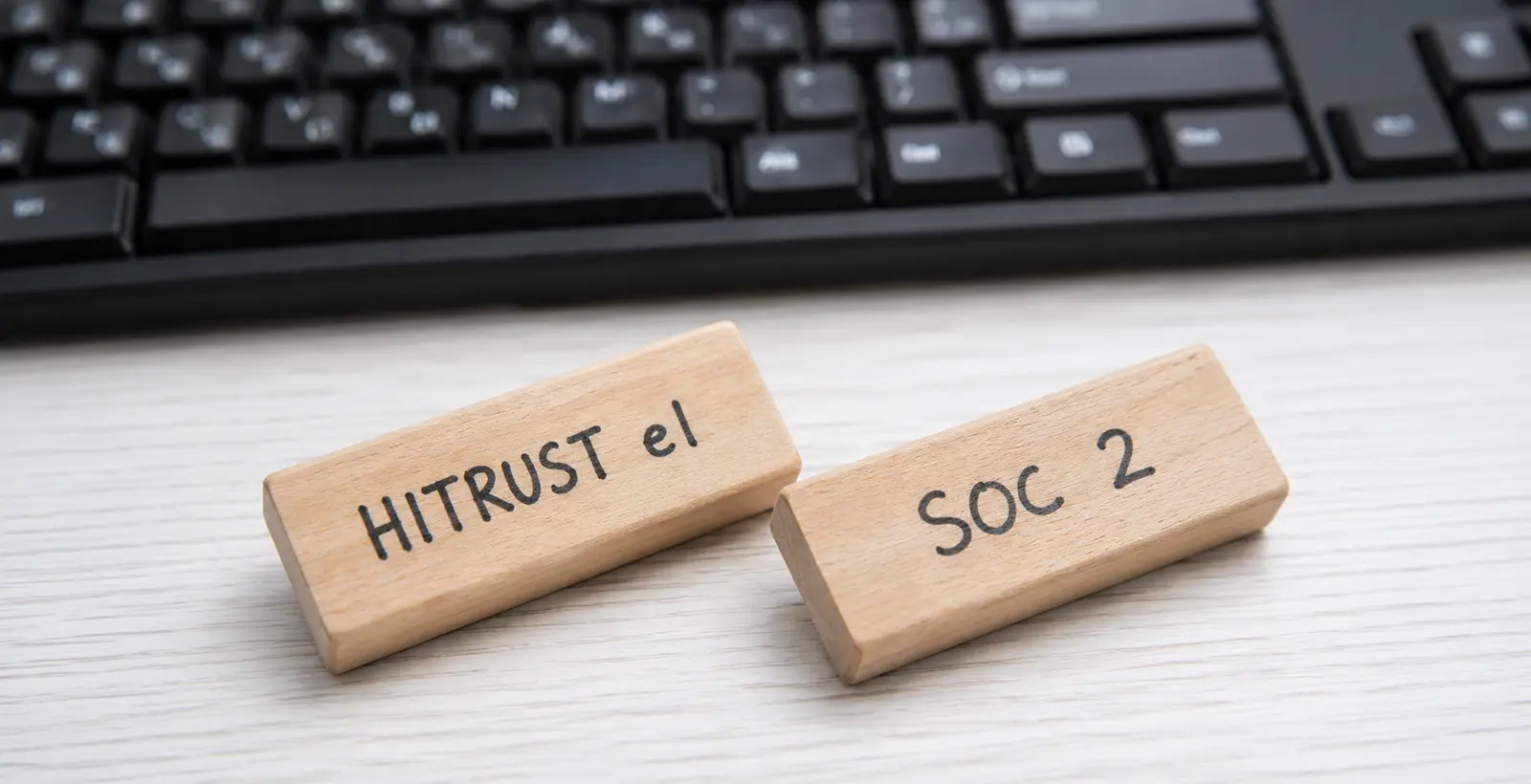 Wooden blocks labeled HITRUST e1 and SOC 2 representing healthcare compliance frameworks for cybersecurity, data protection, and healthcare security.