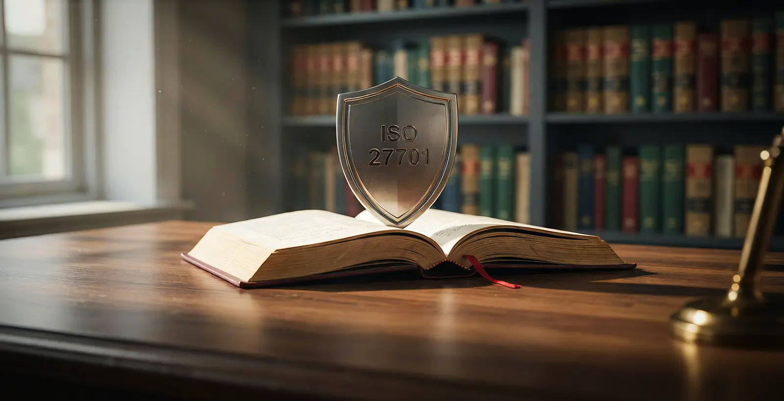 ISO 27701 Privacy Information Management System (PIMS) shield on an open law book representing GDPR compliance, privacy governance, and ISO 27701 certification.