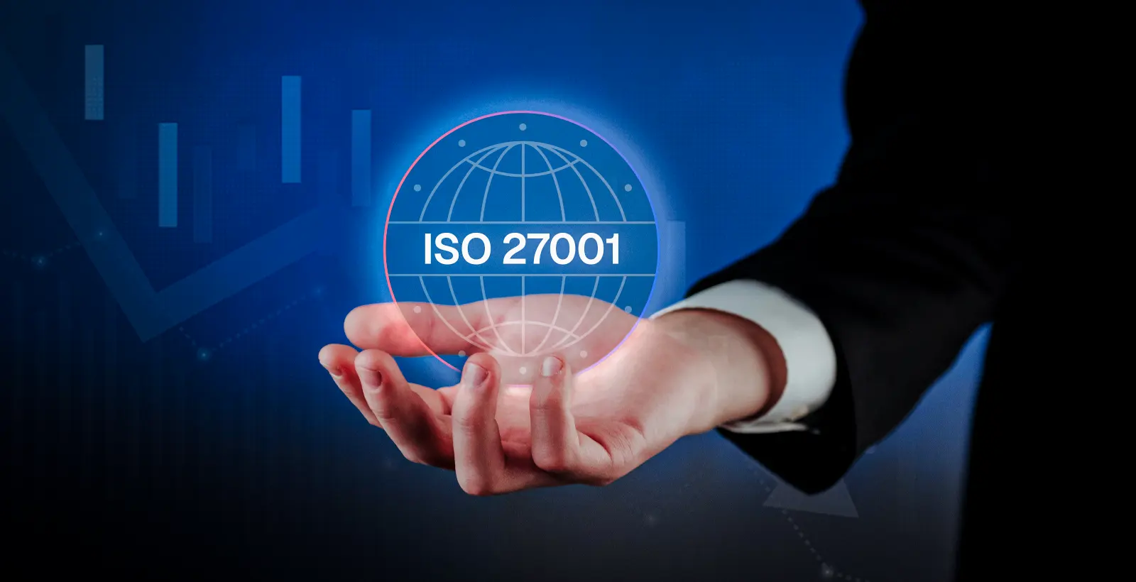 Businessman holding a glowing ISO 27001 security shield, representing organizational cyber resilience during a crisis.