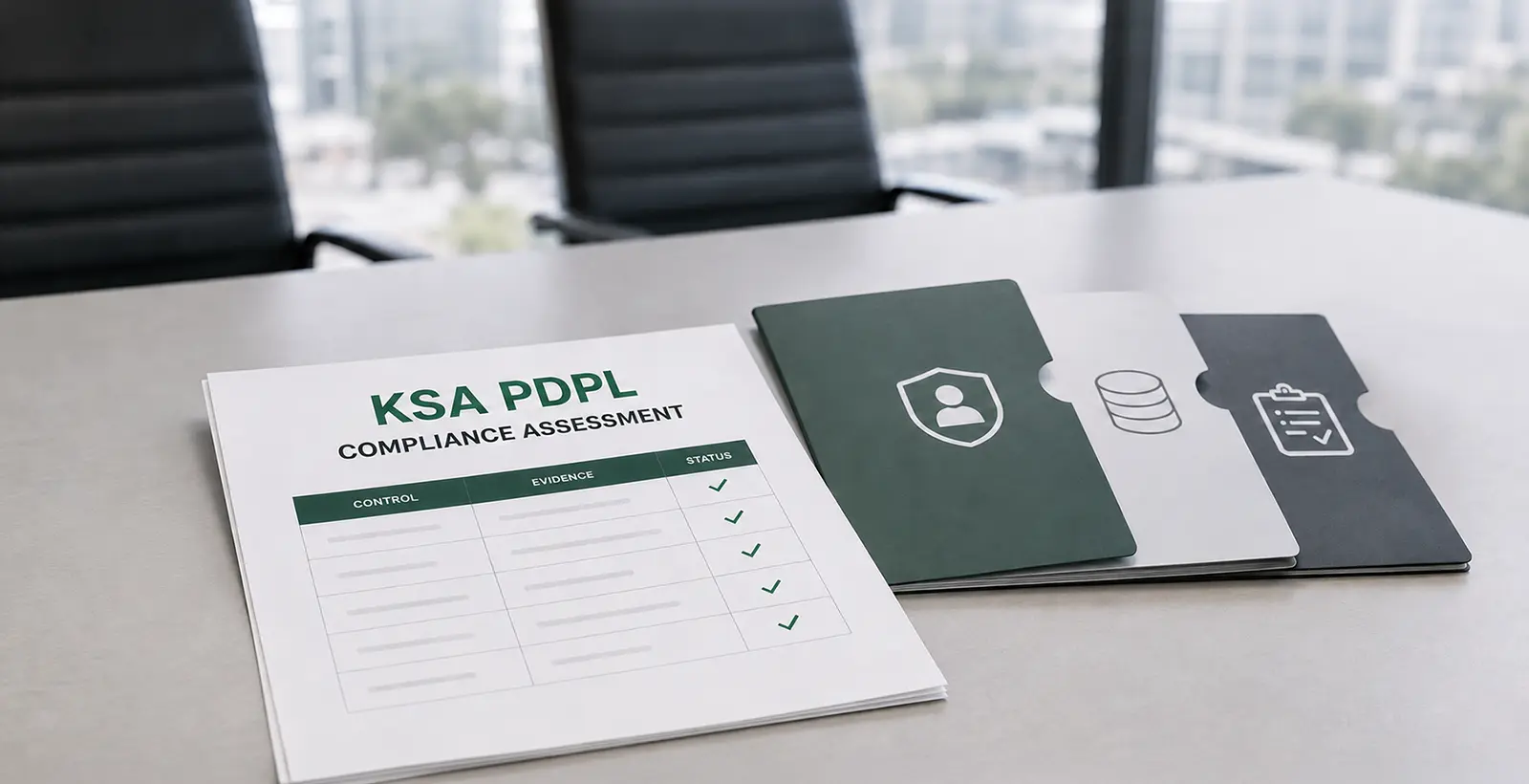 folders and checklists lying on an office table saying KSA PDPL compliance audit guide