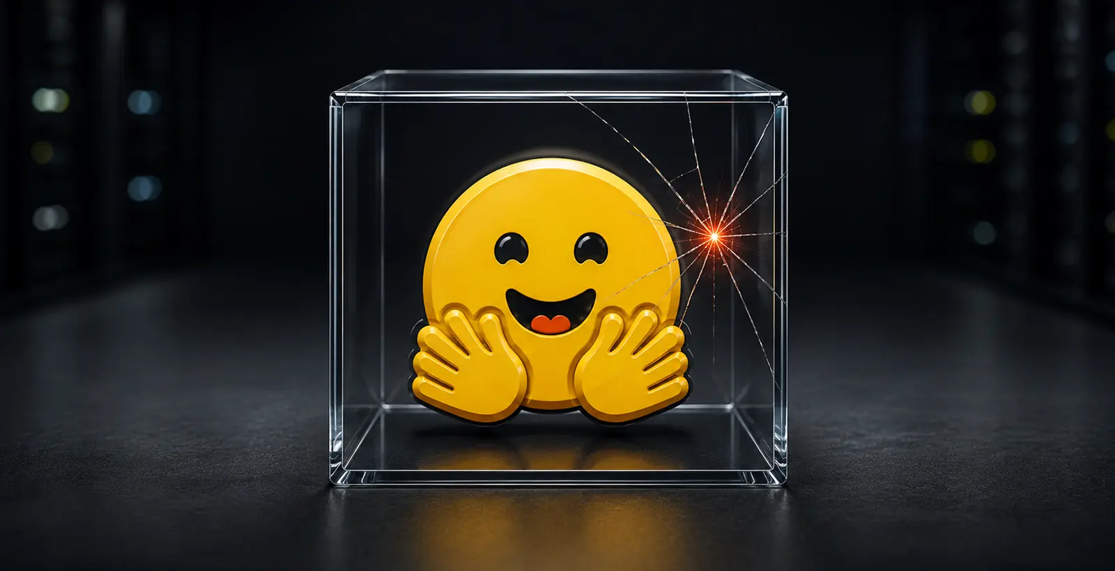 The hugging face logo inside a broken glass cube as it is placed as a study on the hugging face hack interference and observations.