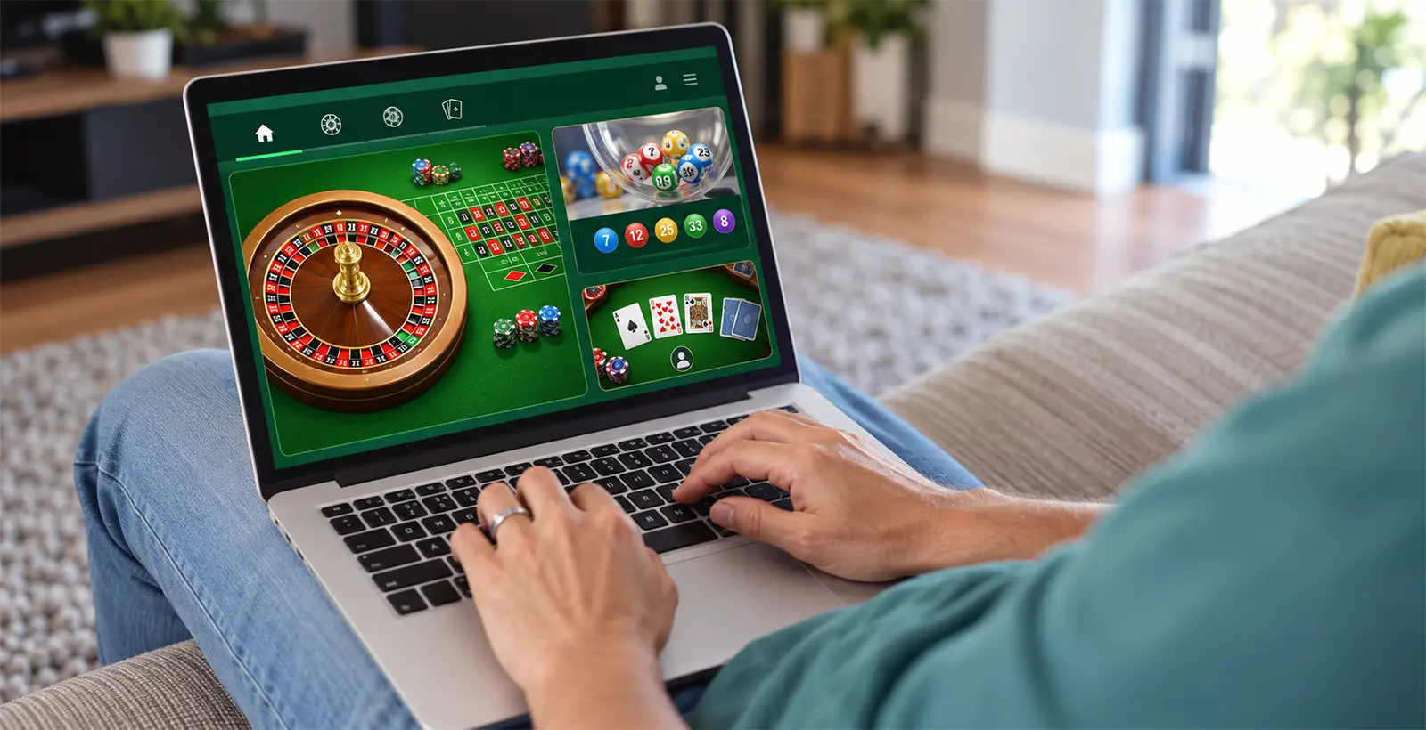 Person using a laptop displaying online roulette, lottery, and card games, illustrating commercial internet gaming.