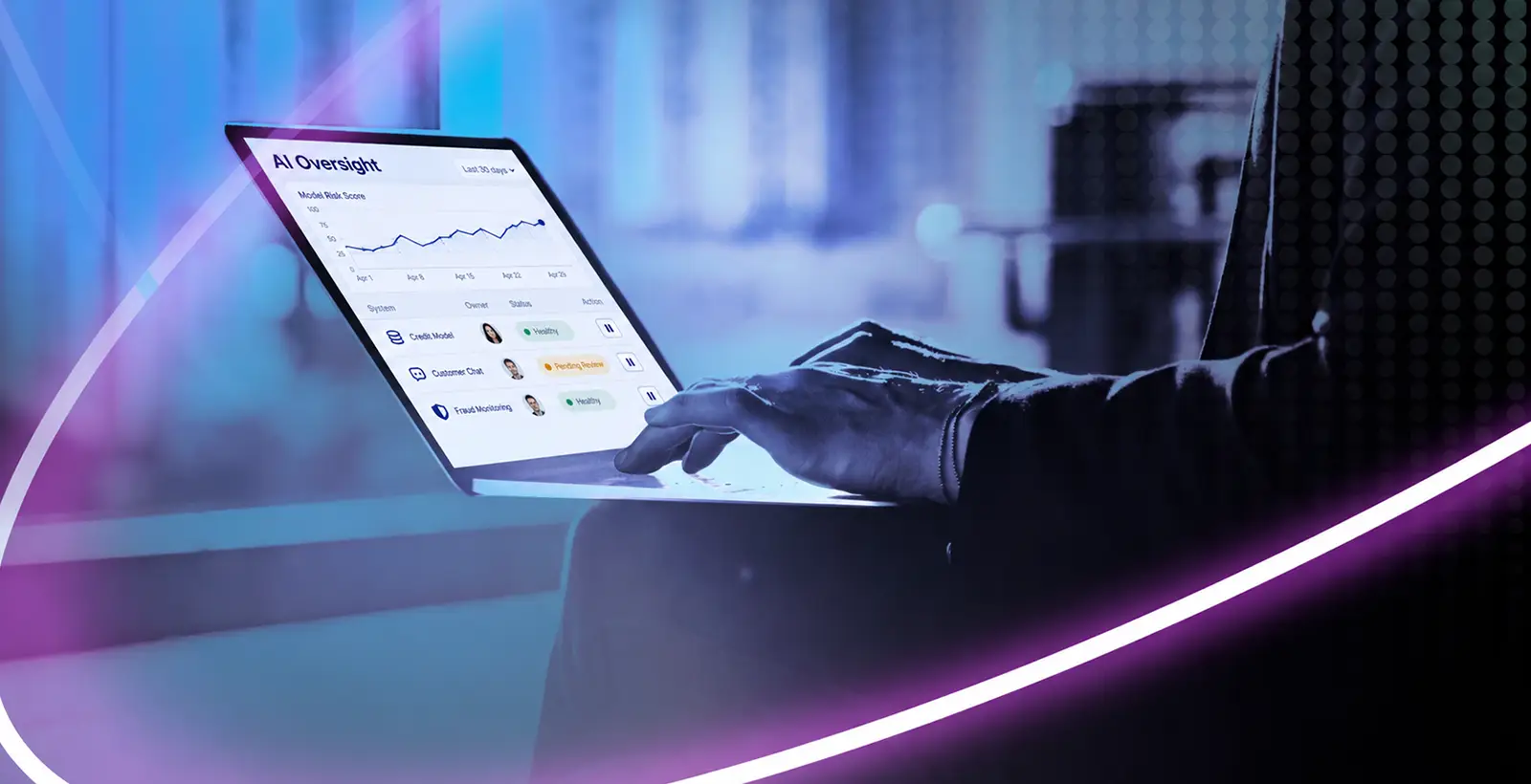 Laptop displaying an AI governance dashboard, illustrating AI risk monitoring and oversight for UAE banks.