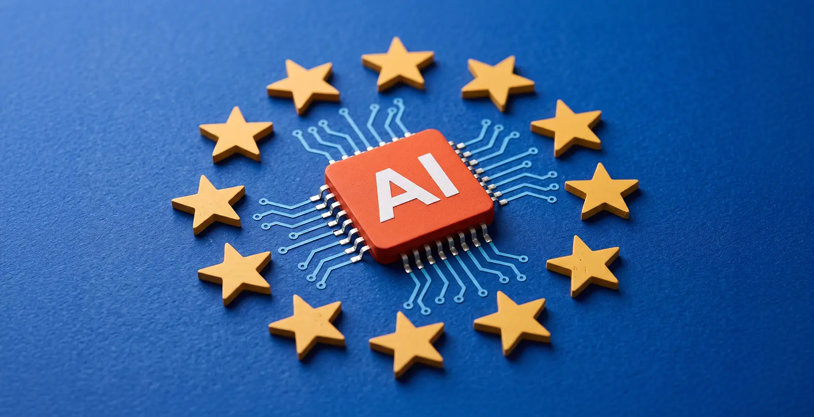 A central AI processor encircled by EU stars, illustrating European standards for AI quality management systems.