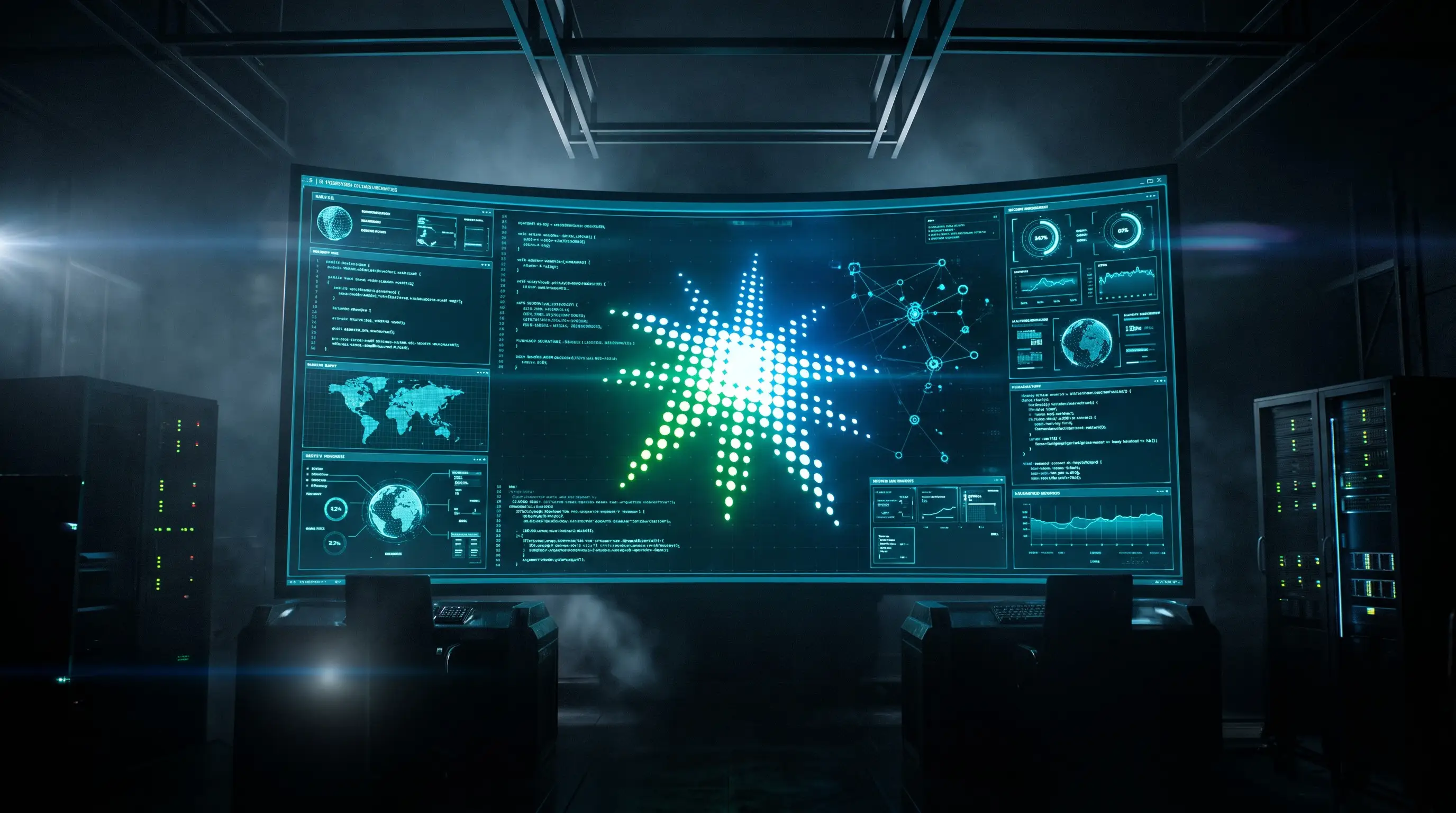 A futuristic security operations center featuring a large screen with a star-shaped network graphic, representing Aramco CCC cybersecurity compliance.