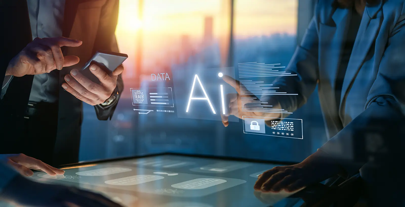 Business leaders reviewing a holographic AI display with data and lock icons, illustrating ISO 42001 compliance and risk management.