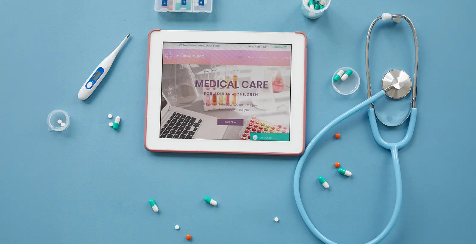Healthcare technology concept: A tablet displaying medical care surrounded by medical tools, representing the HIPAA Security Rule overhaul and HITRUST certification.