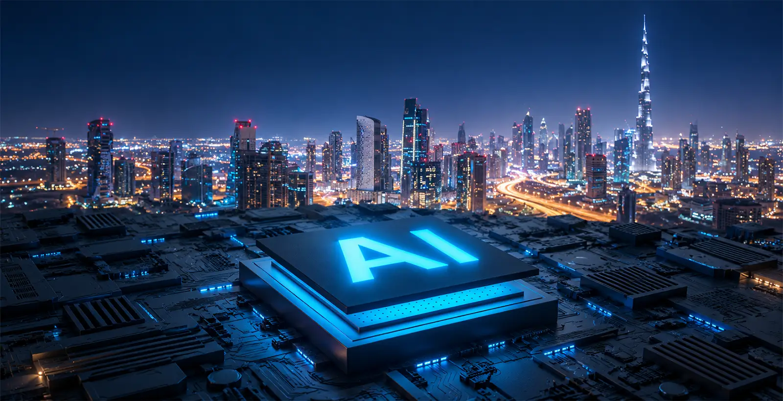Glowing AI chip with Dubai’s skyline, illustrating UAE FinTech readiness for ISO/IEC 42001 and responsible AI.